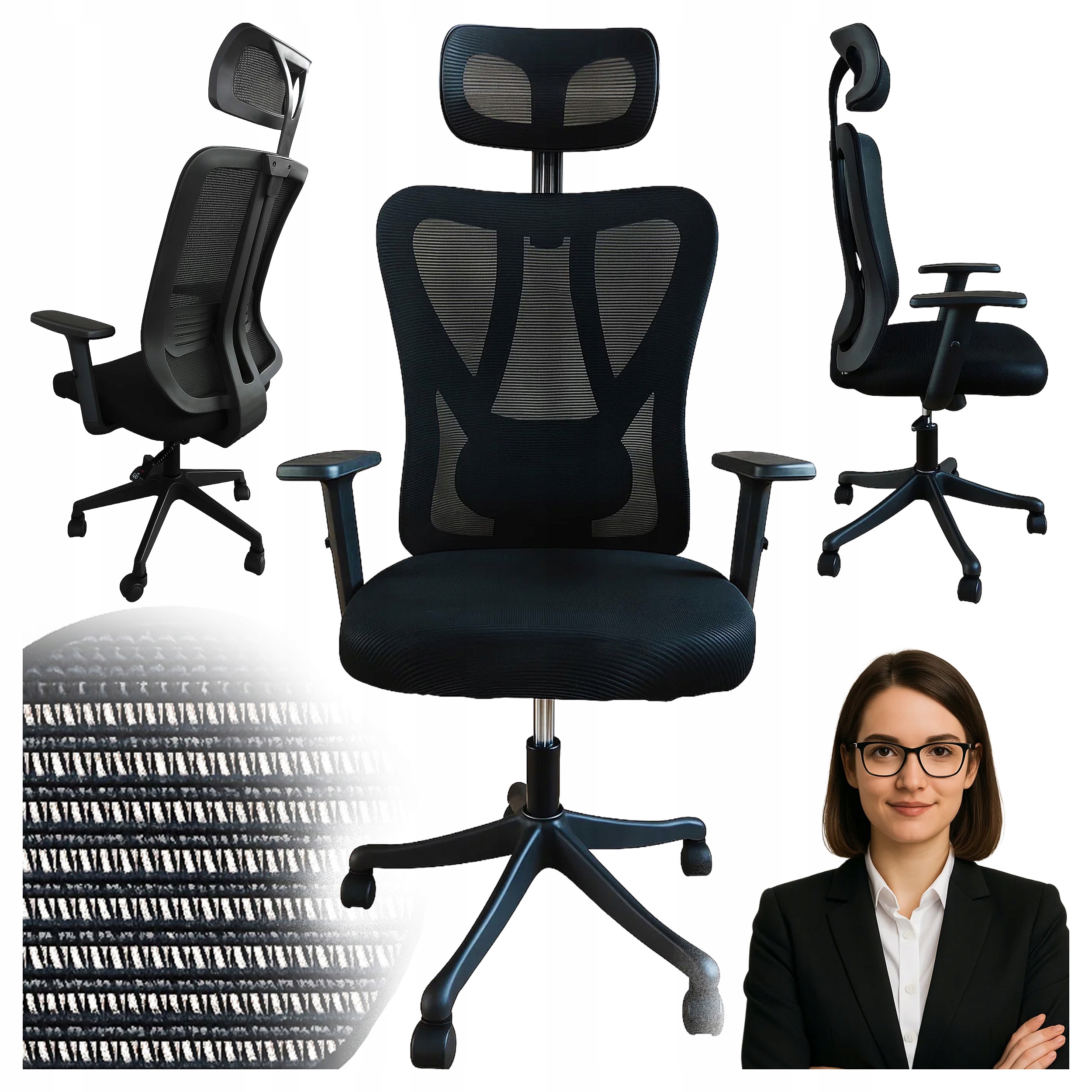 Scaun birou ergonomic, reglabil, cu suport lombar si tetiera, plasa mesh, maxim 120 kg, 50x50x126 cm, negru - imagine 5