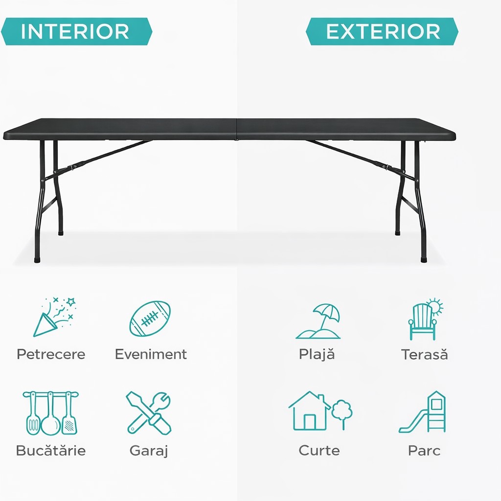Masa dreptunghiulara pliabila multifunctionala, pentru gradina sau evenimente, 240x75x74 cm, negru - imagine 4
