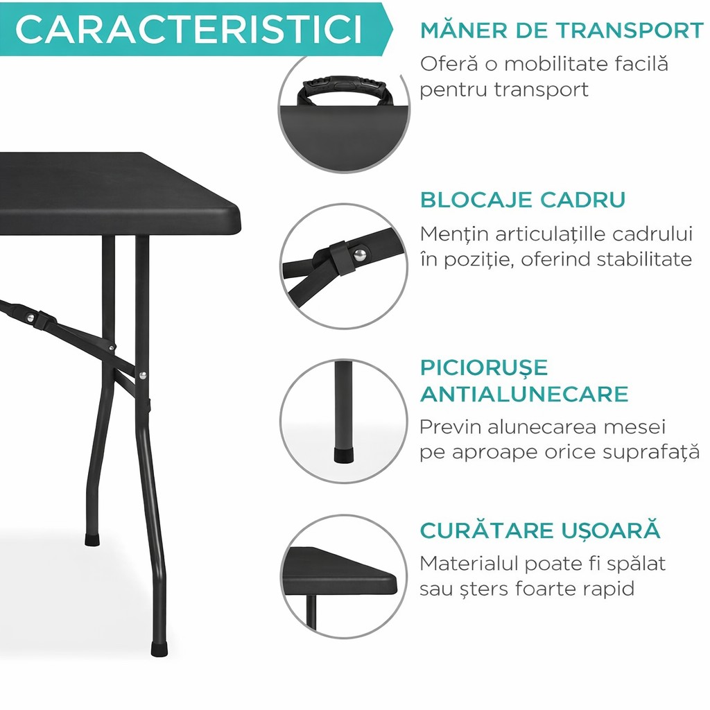 Masa dreptunghiulara pliabila multifunctionala, pentru gradina sau evenimente, 240x75x74 cm, negru - imagine 5