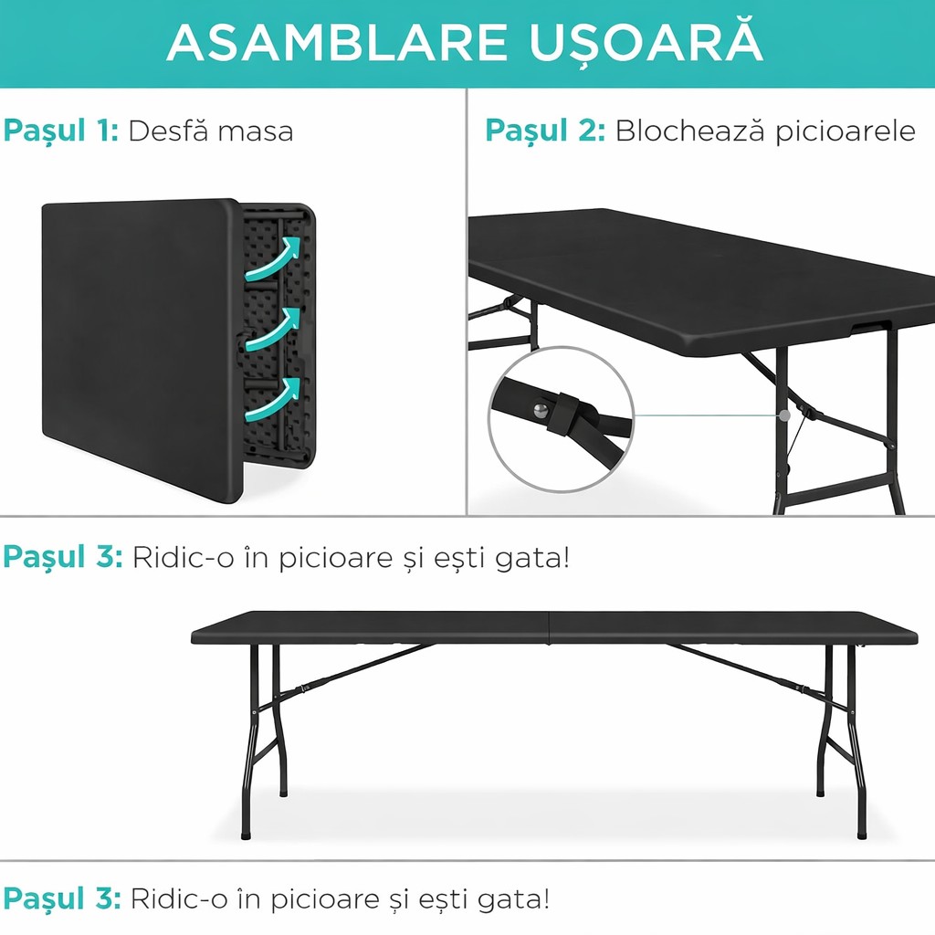 Masa dreptunghiulara pliabila multifunctionala, pentru gradina sau evenimente, 240x75x74 cm, negru - imagine 6