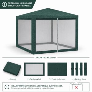 Set 4 pereti pentru pavilion gradina cu plasa tantari si acoperis, material PE 100 g/m2, 300x200 cm, verde