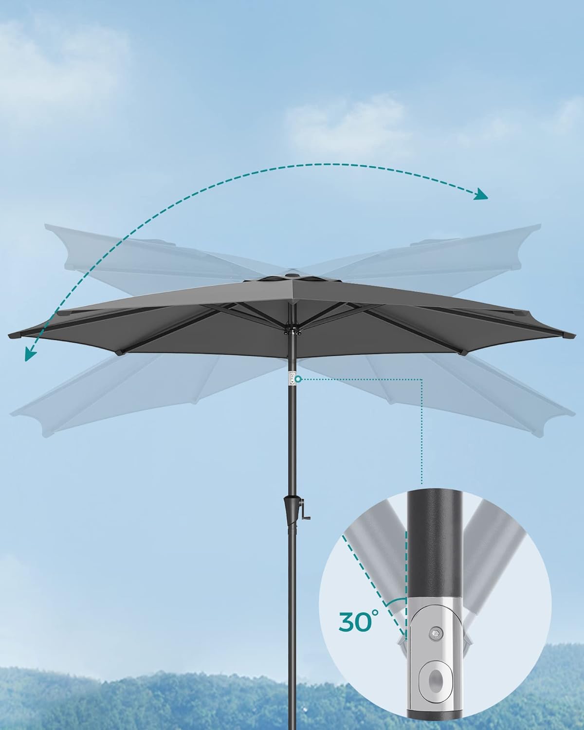 SONGMICS Umbrela de gradina cu manivela, 330 cm, UPF 50+, inclinare 30°, structura metalica cu 8 spite, gri - imagine 2