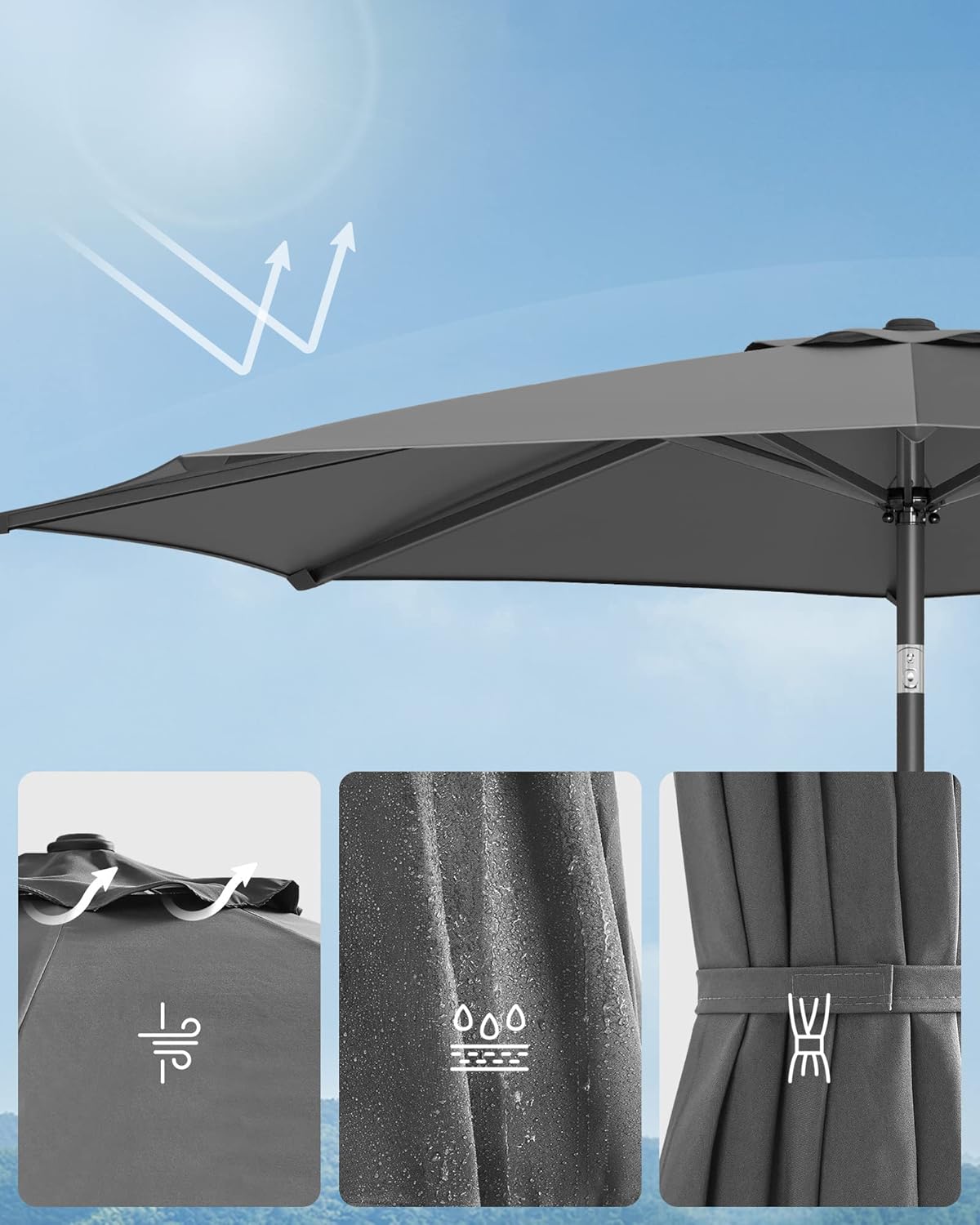 SONGMICS Umbrela de gradina cu manivela, 330 cm, UPF 50+, inclinare 30°, structura metalica cu 8 spite, gri - imagine 3