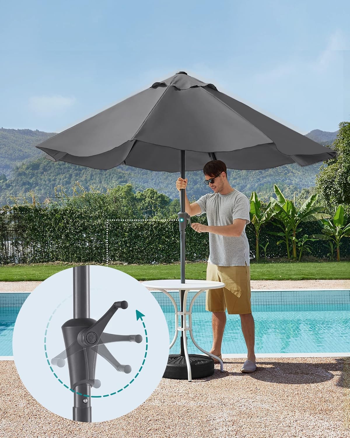 SONGMICS Umbrela de gradina cu manivela, 330 cm, UPF 50+, inclinare 30°, structura metalica cu 8 spite, gri - imagine 4