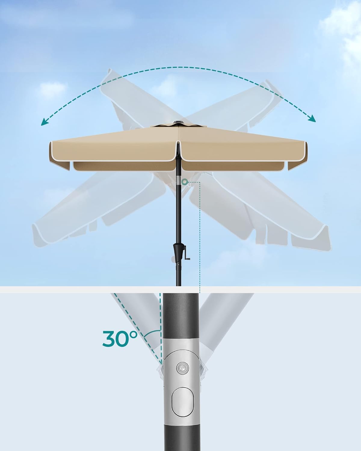 SONGMICS Umbrela de gradina cu manivela, 200x150 cm, UPF 50+, inclinare 30°, structura metalica, maro taupe - imagine 3