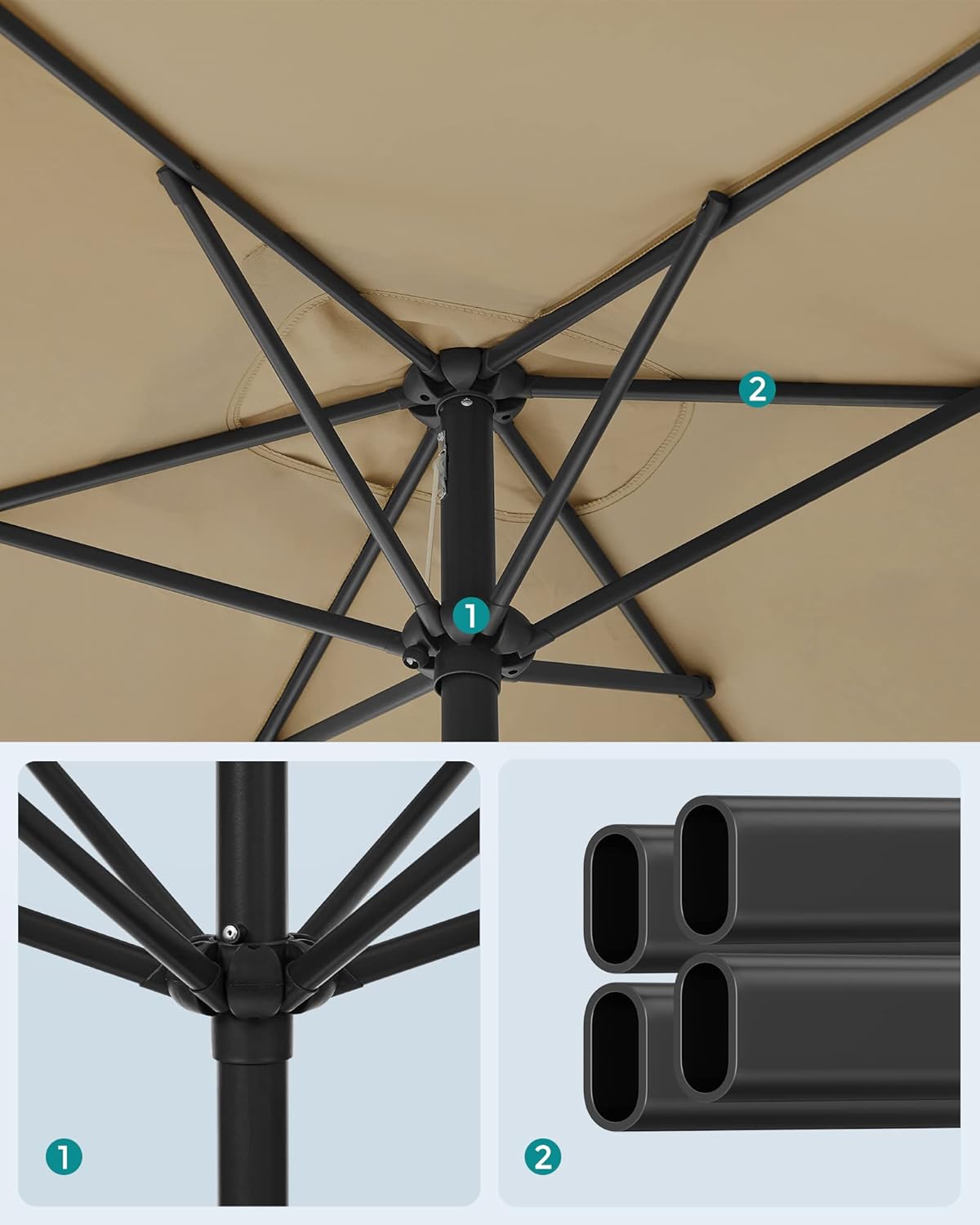 SONGMICS Umbrela de gradina cu manivela, 200x150 cm, UPF 50+, inclinare 30°, structura metalica, maro taupe - imagine 5