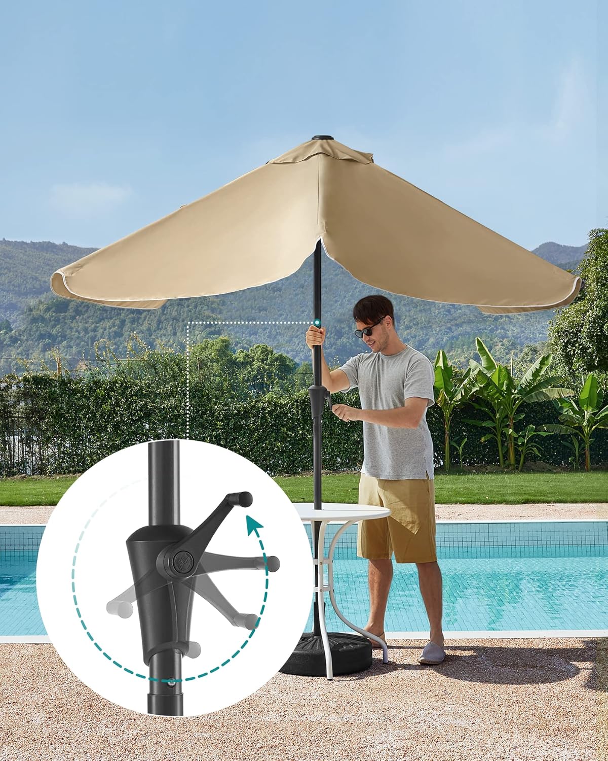 SONGMICS Umbrela de gradina cu manivela, 200x150 cm, UPF 50+, inclinare 30°, structura metalica, maro taupe - imagine 6