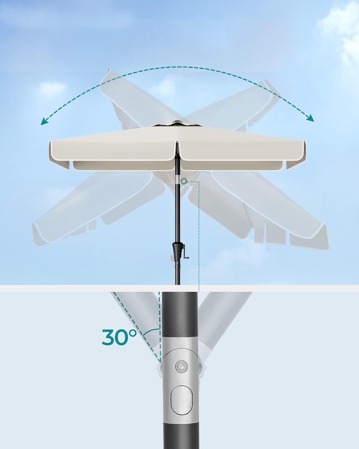 SONGMICS Umbrela de gradina cu manivela, 200x150 cm, UPF 50+, inclinare 30°, structura metalica, bej - imagine 3