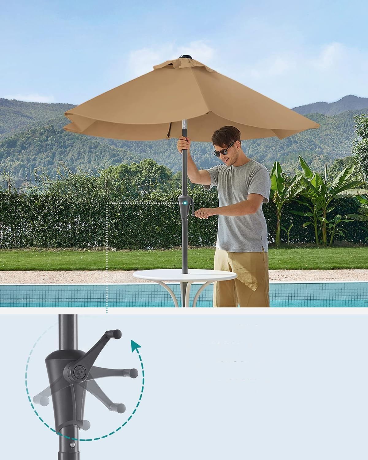 SONGMICS Umbrela de gradina 200 cm, inclinare dubla 30°, poliester UPF 50+, cadru metalic, maro taupe - imagine 5