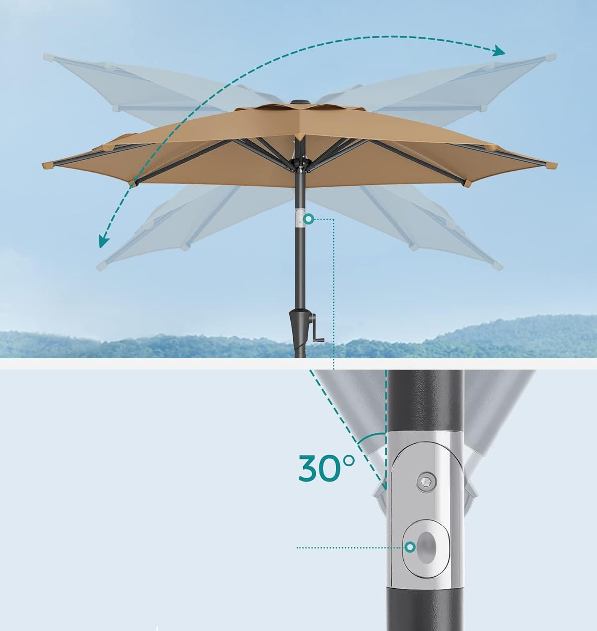 SONGMICS Umbrela de gradina 200 cm, inclinare dubla 30°, poliester UPF 50+, cadru metalic, maro taupe - imagine 6