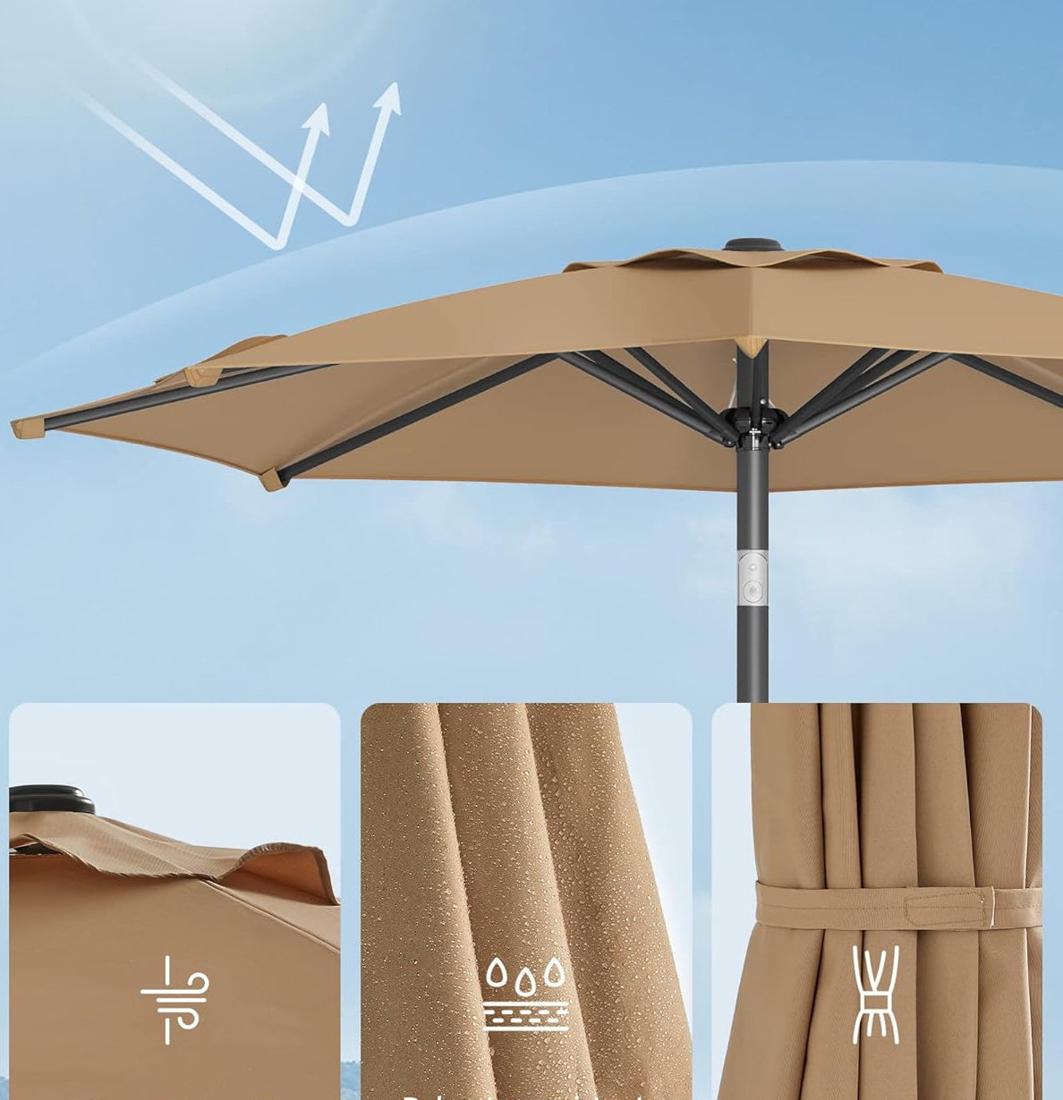 SONGMICS Umbrela de gradina 200 cm, inclinare dubla 30°, poliester UPF 50+, cadru metalic, maro taupe - imagine 7