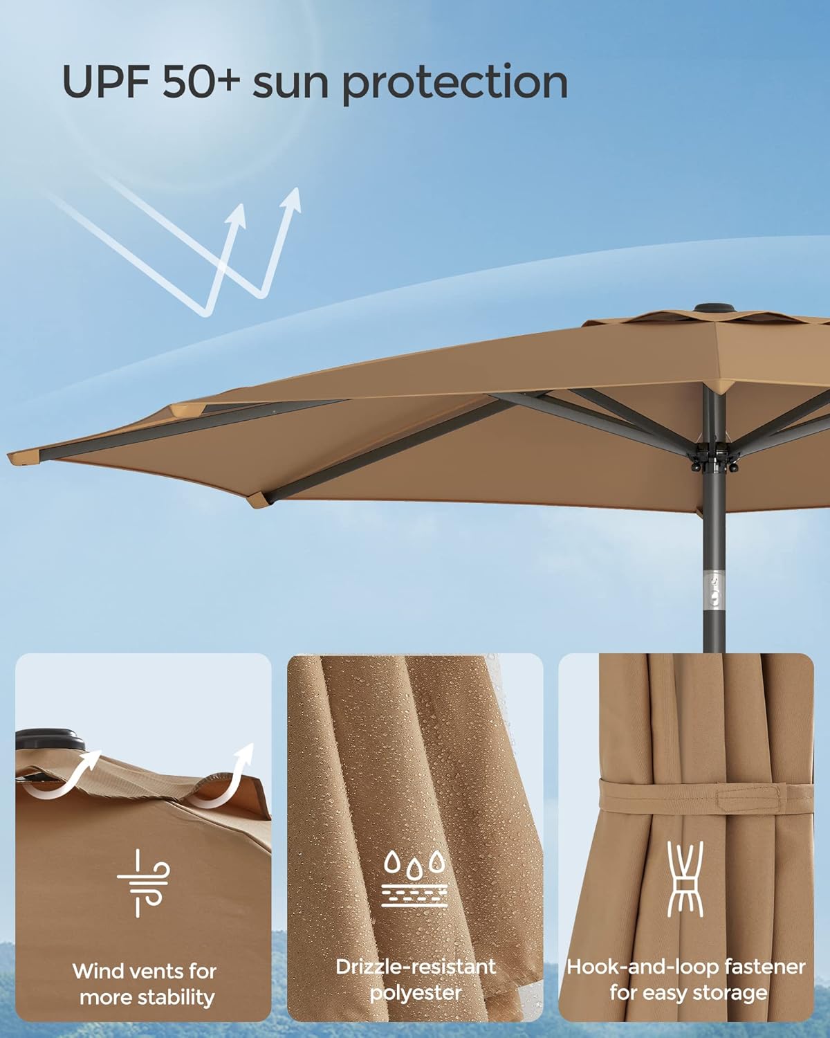 SONGMICS Umbrela de gradina, cu manivela pentru deschidere, sistem inclinare, 300cm, taupe - imagine 3