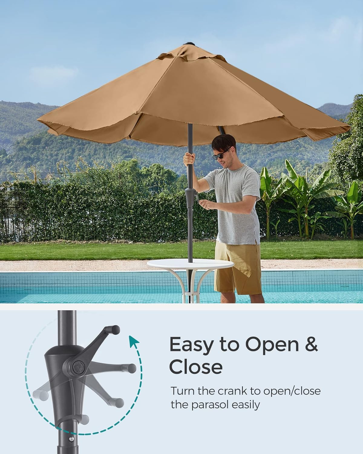 SONGMICS Umbrela de gradina, cu manivela pentru deschidere, sistem inclinare, 300cm, taupe - imagine 7