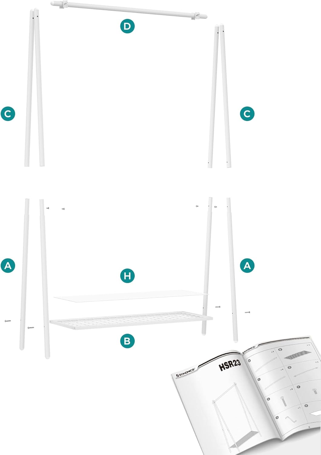 SONGMICS Suport haine cu bara si raft inferior, cadru metalic, 93x34x153 cm, alb - imagine 2