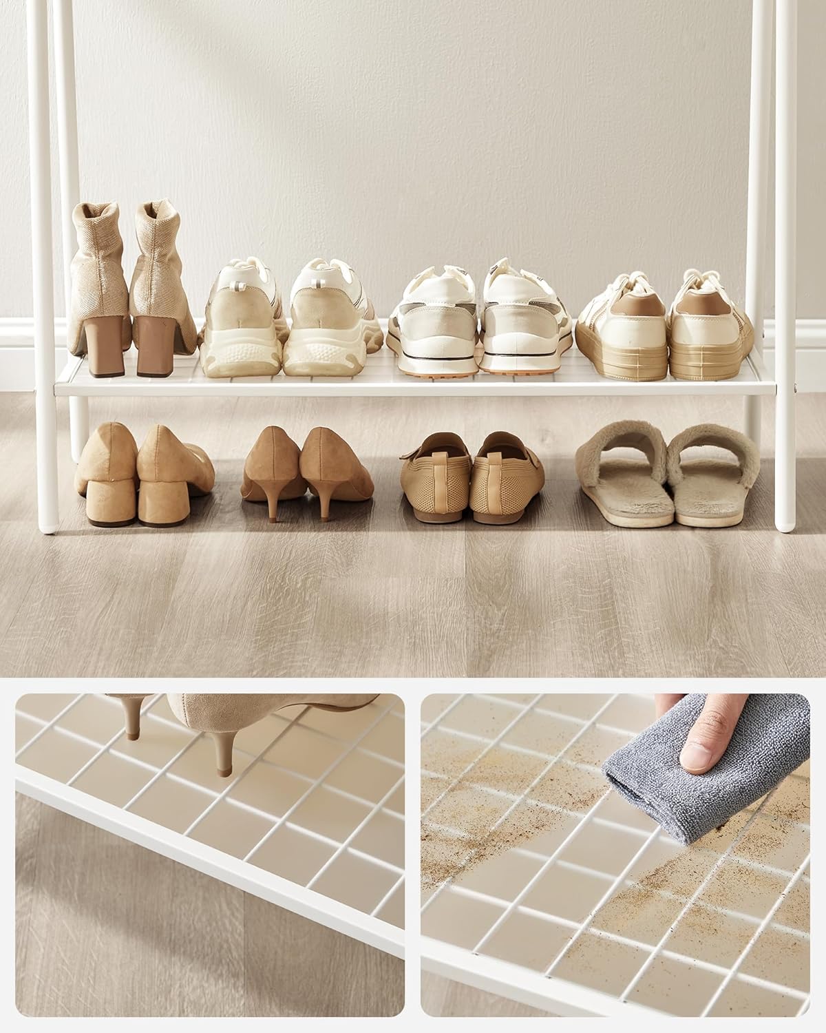 SONGMICS Suport haine cu bara si raft inferior, cadru metalic, 93x34x153 cm, alb - imagine 4