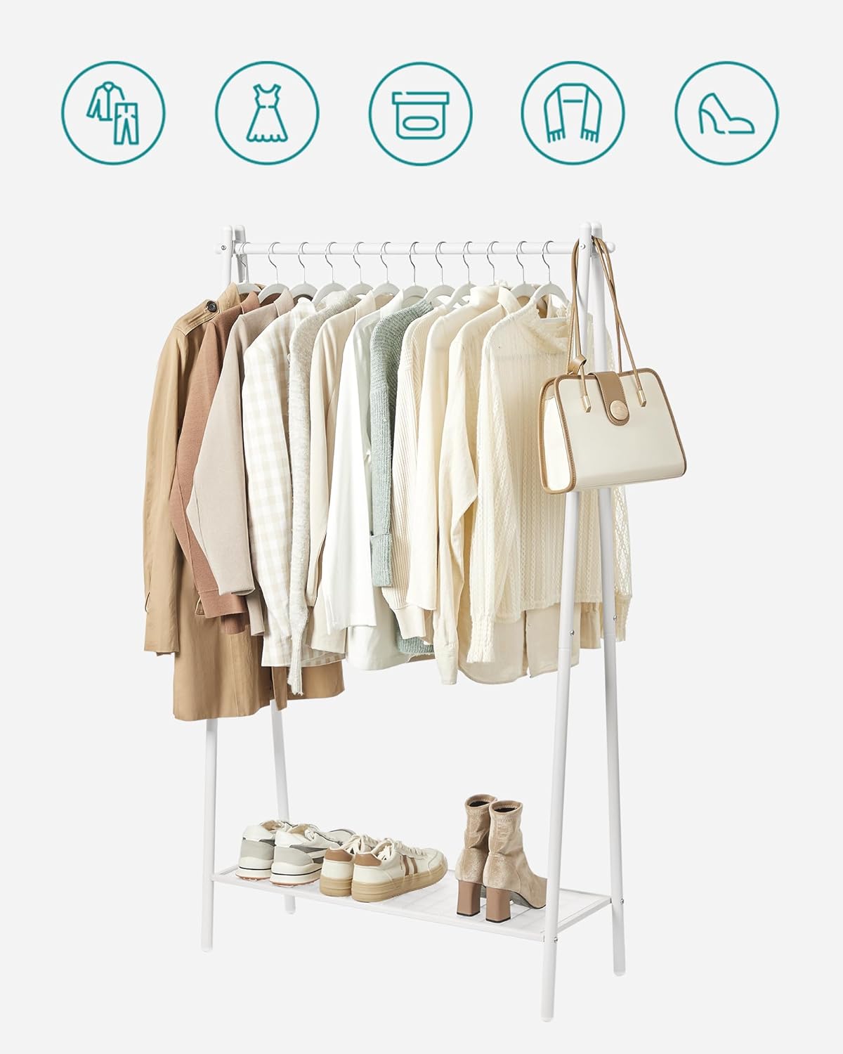 SONGMICS Suport haine cu bara si raft inferior, cadru metalic, 93x34x153 cm, alb - imagine 7