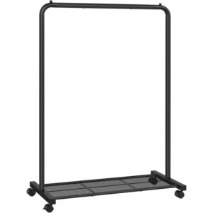 SONGMICS Suport pentru haine mobil cu roti, bara umerase si raft, stil industrial, 91x41x158 cm, negru