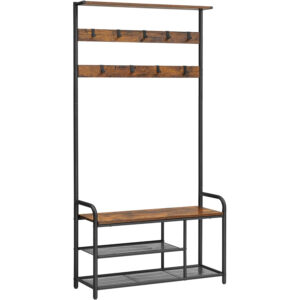 VASAGLE Cuier pentru hol cu banca si suport pantofi, stil industrial, 84x34x183 cm, maro rustic