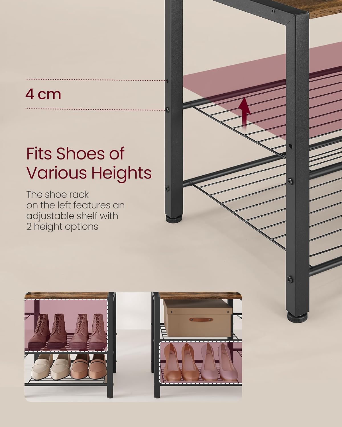 VASAGLE Cuier hol cu banca si raft pantofi, 9 carlige, design industrial, 120x40x190 cm, maro rustic - imagine 2