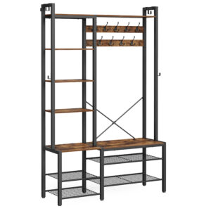 VASAGLE Cuier hol cu banca si raft pantofi, 9 carlige, design industrial, 120x40x190 cm, maro rustic