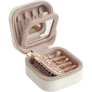 SONGMICS Cutie de bijuterii compacta cu oglinda si fermoar, 11x11x6 cm, alb