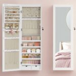 SONGMICS Dulap pentru bijuterii cu oglinda, montare pe perete sau usa, material MDF, inchidere cu cheie, 120x37x10 cm, alb