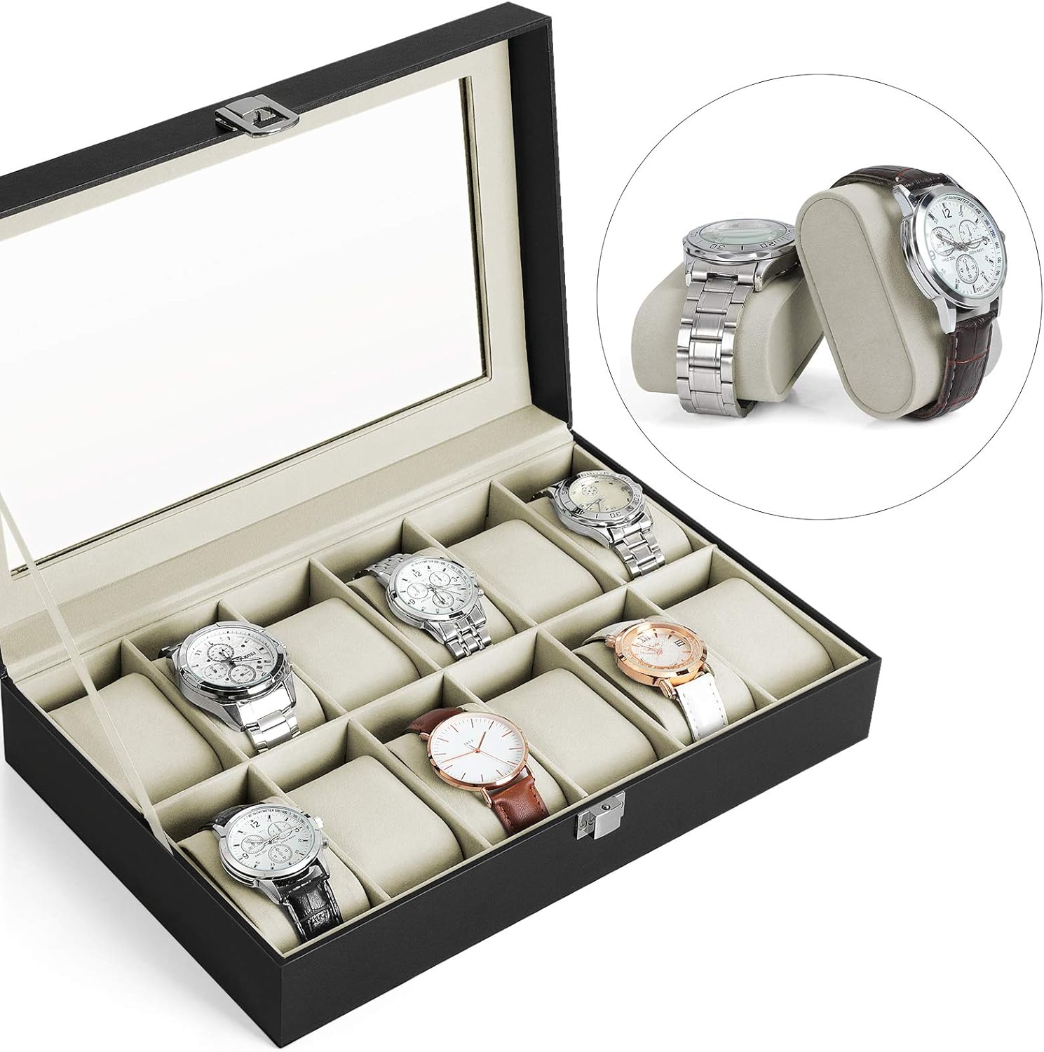 SONGMICS Cutie depozitare ceasuri cu 12 compartimente, capac din sticla, interior catifea, 30x21x9 cm, negru - imagine 2