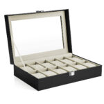 SONGMICS Cutie depozitare ceasuri cu 12 compartimente, capac din sticla, interior catifea, 30x21x9 cm, negru