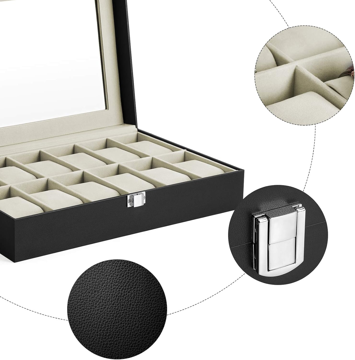 SONGMICS Cutie depozitare ceasuri cu 12 compartimente, capac din sticla, interior catifea, 30x21x9 cm, negru - imagine 4