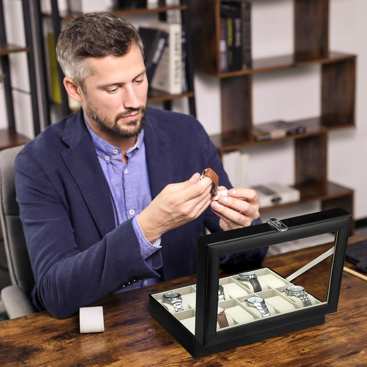 SONGMICS Cutie depozitare ceasuri cu 12 compartimente, capac din sticla, interior catifea, 30x21x9 cm, negru - imagine 6