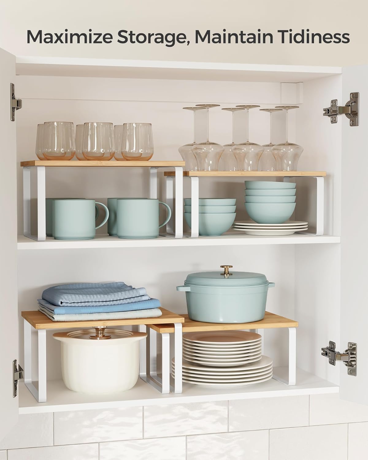 SONGMICS Set 4 rafturi de bucatarie suprapozabile, pentru ustensile sau condimente, 20x30x16cm, natur si alb - imagine 4