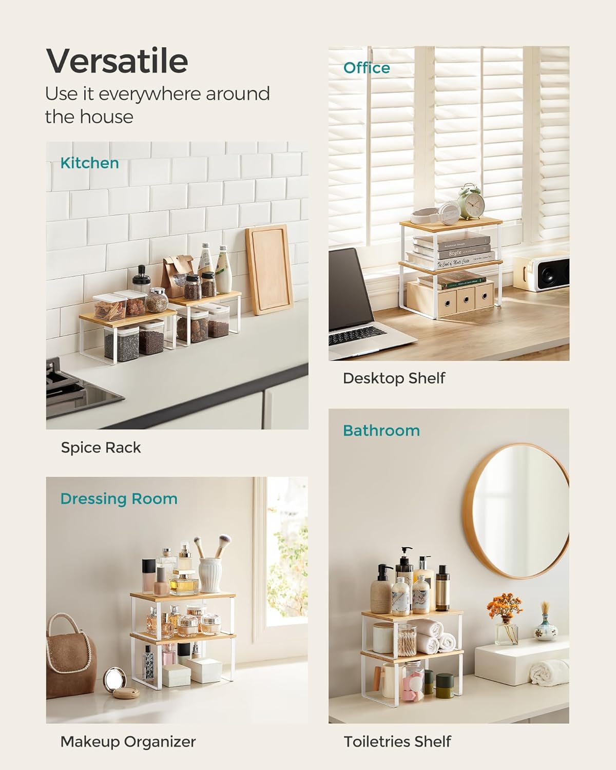 SONGMICS Set 4 rafturi de bucatarie suprapozabile, pentru ustensile sau condimente, 20x30x16cm, natur si alb - imagine 6