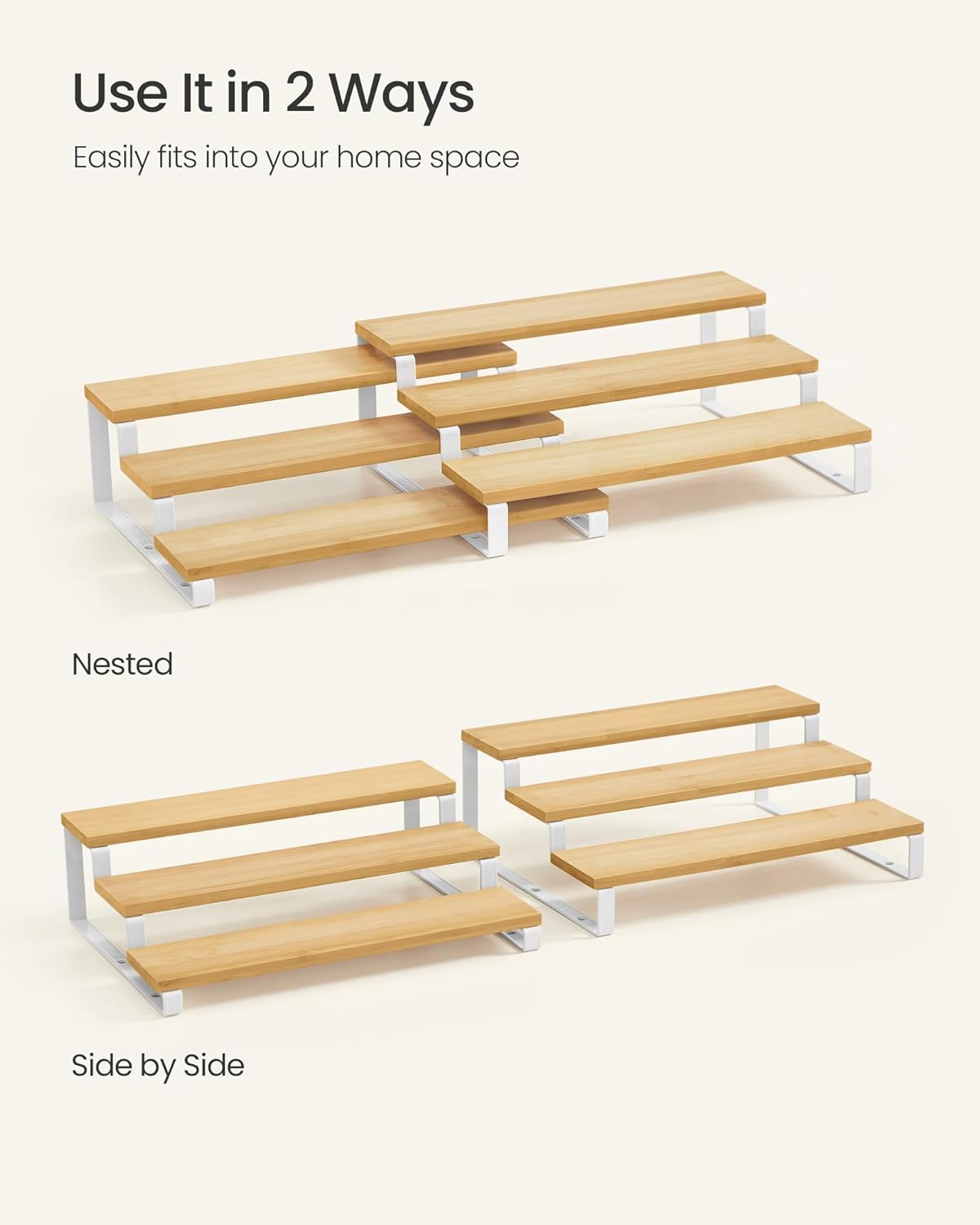 SONGMICS Raft de depozitare extensibil cu 3 nivele, bambus, stivuibil, 32x25x11cm, maro natur si alb - imagine 2