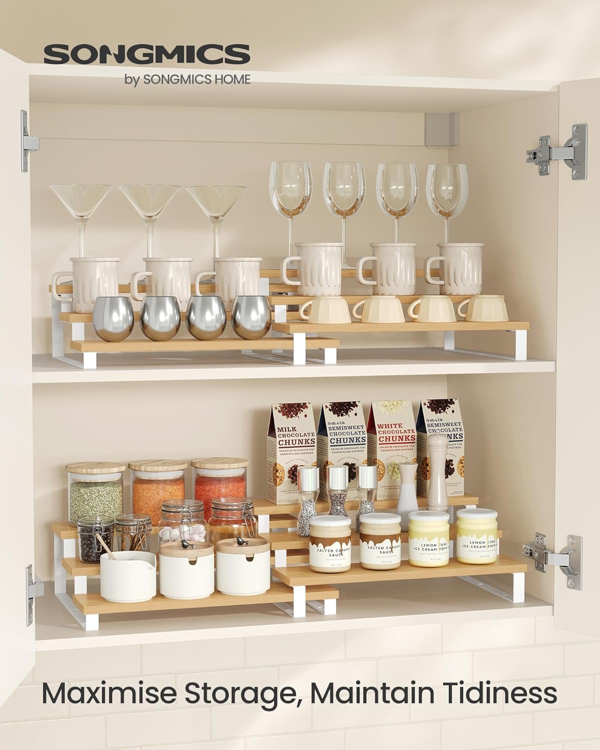 SONGMICS Raft de depozitare extensibil cu 3 nivele, bambus, stivuibil, 32x25x11cm, maro natur si alb - imagine 3