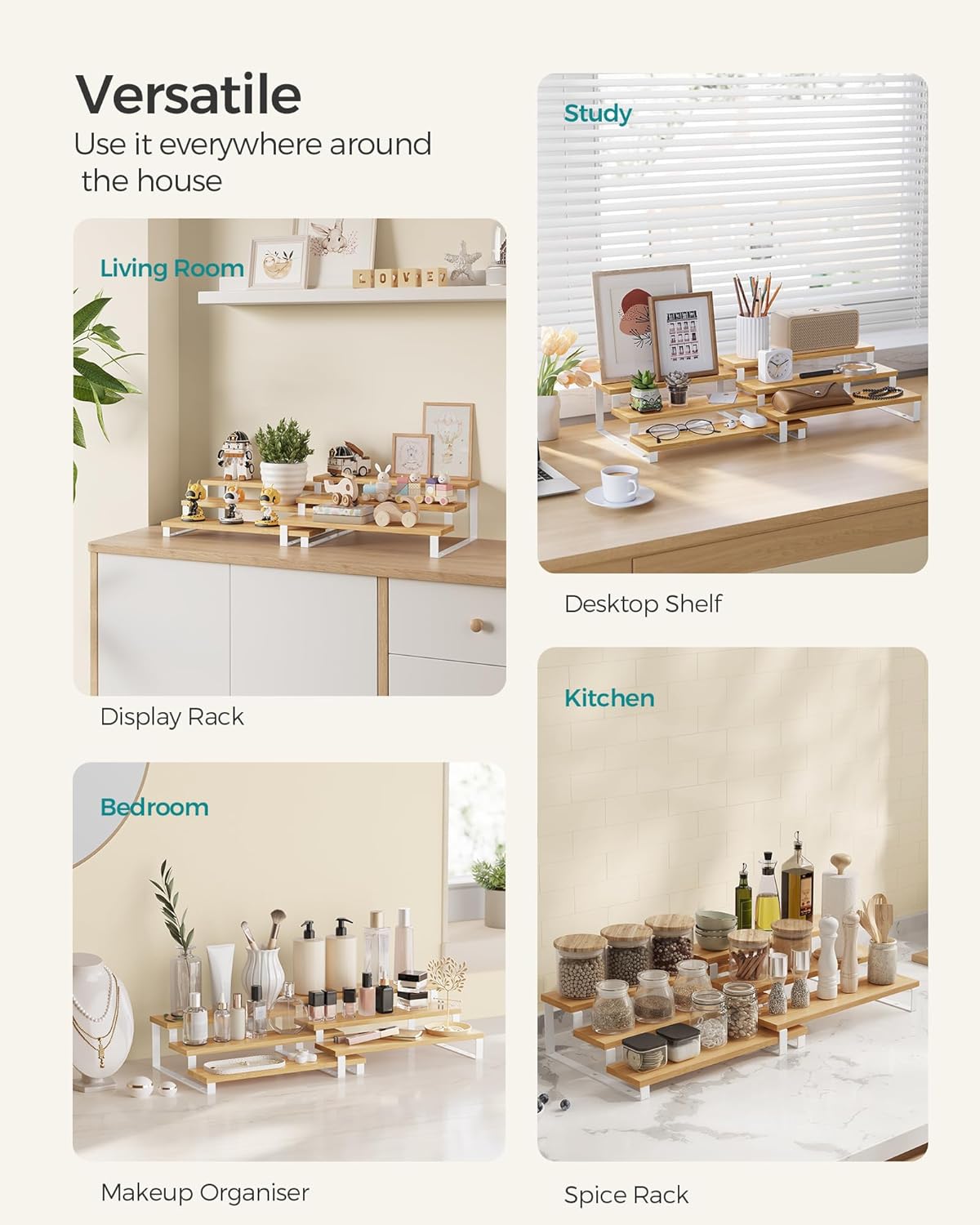 SONGMICS Raft de depozitare extensibil cu 3 nivele, bambus, stivuibil, 32x25x11cm, maro natur si alb - imagine 5