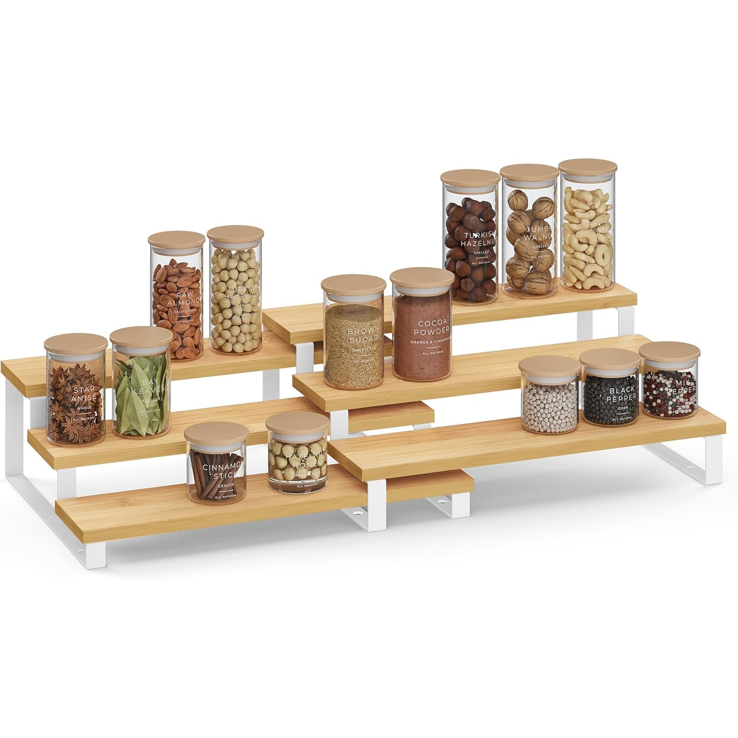 SONGMICS Raft de depozitare extensibil cu 3 nivele, bambus, stivuibil, 32x25x11cm, maro natur si alb - imagine 7