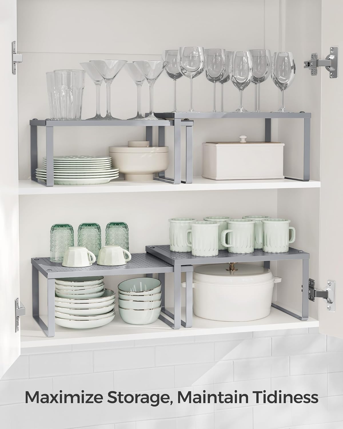 SONGMICS Set 2 rafturi de bucatarie metalice, suprapozabile, pentru ustensile sau condimente, 23x32x16cm, gri - imagine 4