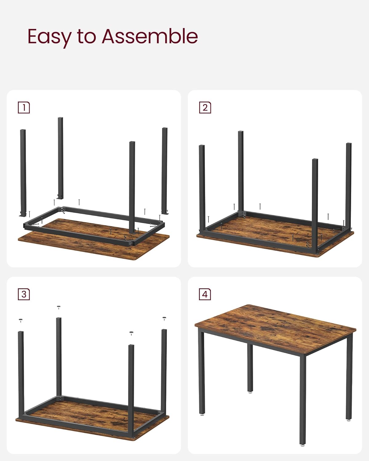 VASAGLE Masa de bucatarie pentru 4 persoane, cadru metalic, stil industrial, 110x70x77 cm, maro rustic - imagine 5