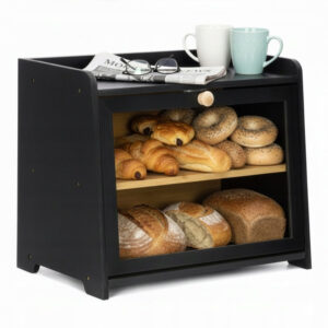 Cutie pentru paine cu 2 niveluri din bambus, cu fereastra transparenta si inchidere magnetica, raft suplimentar superior, 40x25x34 cm, negru