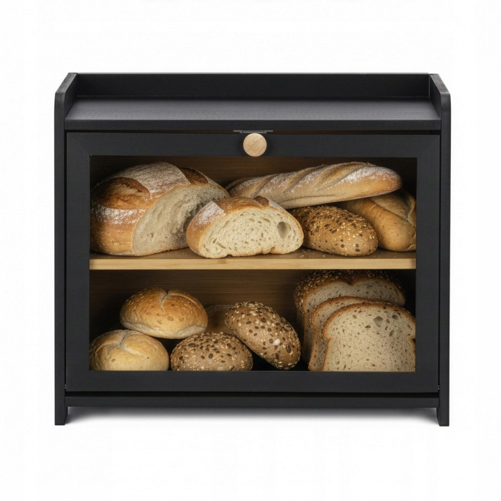 Cutie pentru paine cu 2 niveluri din bambus, cu fereastra transparenta si inchidere magnetica, raft suplimentar superior, 40x25x34 cm, negru - imagine 7