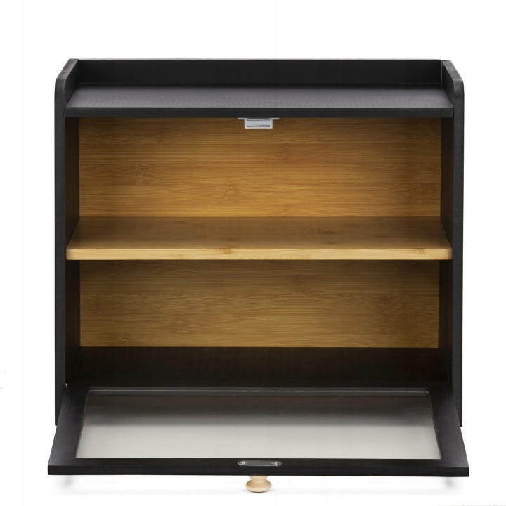 Cutie pentru paine cu 2 niveluri din bambus, cu fereastra transparenta si inchidere magnetica, raft suplimentar superior, 40x25x34 cm, negru - imagine 8