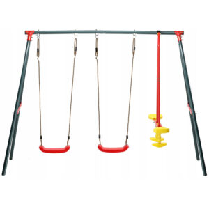 Leagan de gradina dublu cu 2 scaune si hinta, cadru metalic, 290x180x200 cm, albastru si rosu