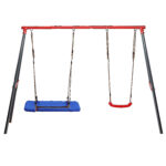 Leagan de gradina dublu cu scaun si cuib barza, cadru metalic, 290x180x200 cm, rosu si albastru