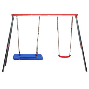 Leagan de gradina dublu cu scaun si cuib barza, cadru metalic, 290x180x200 cm, rosu si albastru