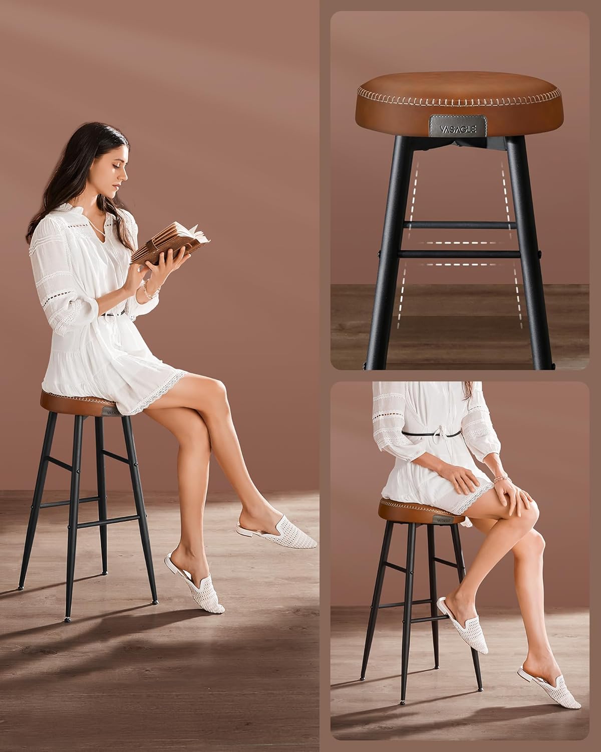 VASAGLE Set 2 scaune bar Ekho, tapitate PU, inaltime sezut 76 cm, 52x76 cm, maro caramel - imagine 4