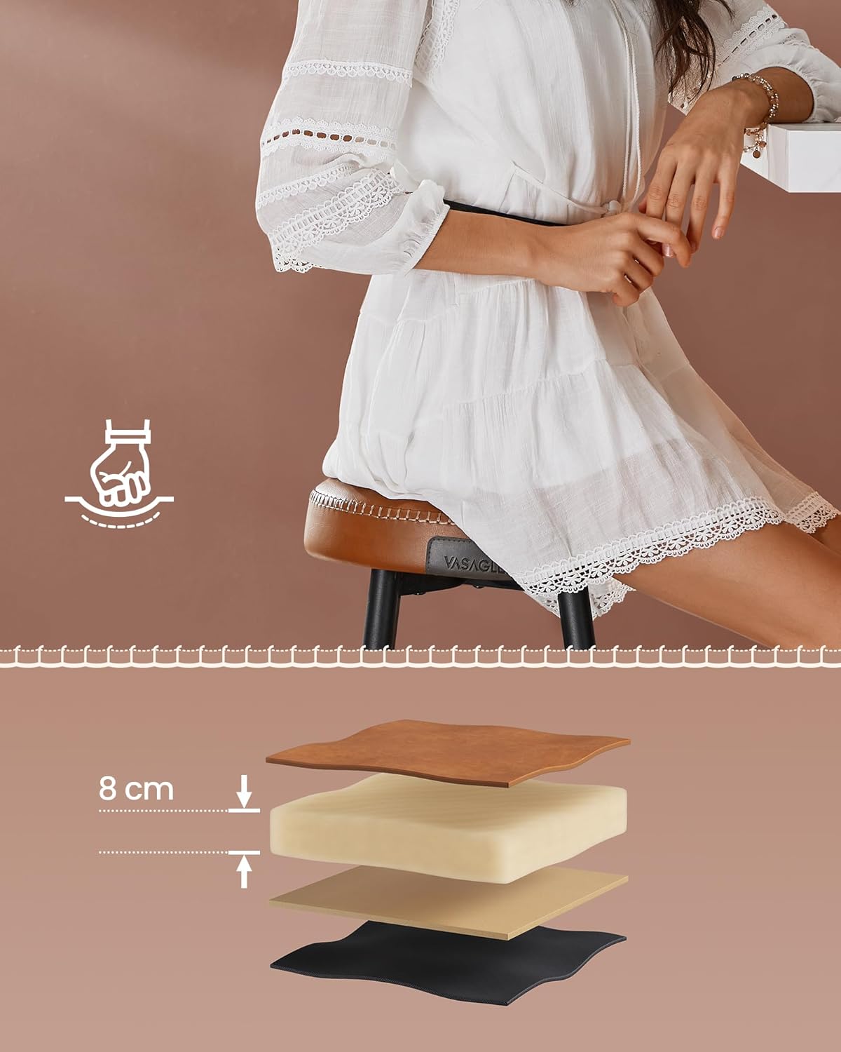 VASAGLE Set 2 scaune bar Ekho, tapitate PU, inaltime sezut 76 cm, 52x76 cm, maro caramel - imagine 5