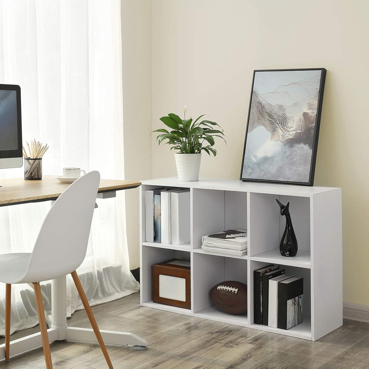 VASAGLE Biblioteca cu 6 compartimente, raft depozitare tip cub, 66x30x98 cm, alb - imagine 6