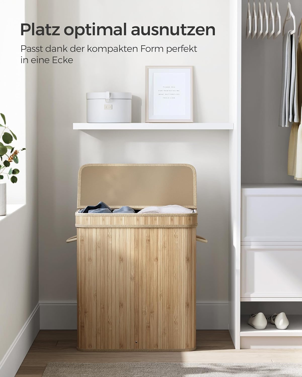 SONGMICS Cos de rufe din bambus cu capac 100L, sac textil detasabil, 55x35x61 cm, bej natur - imagine 2