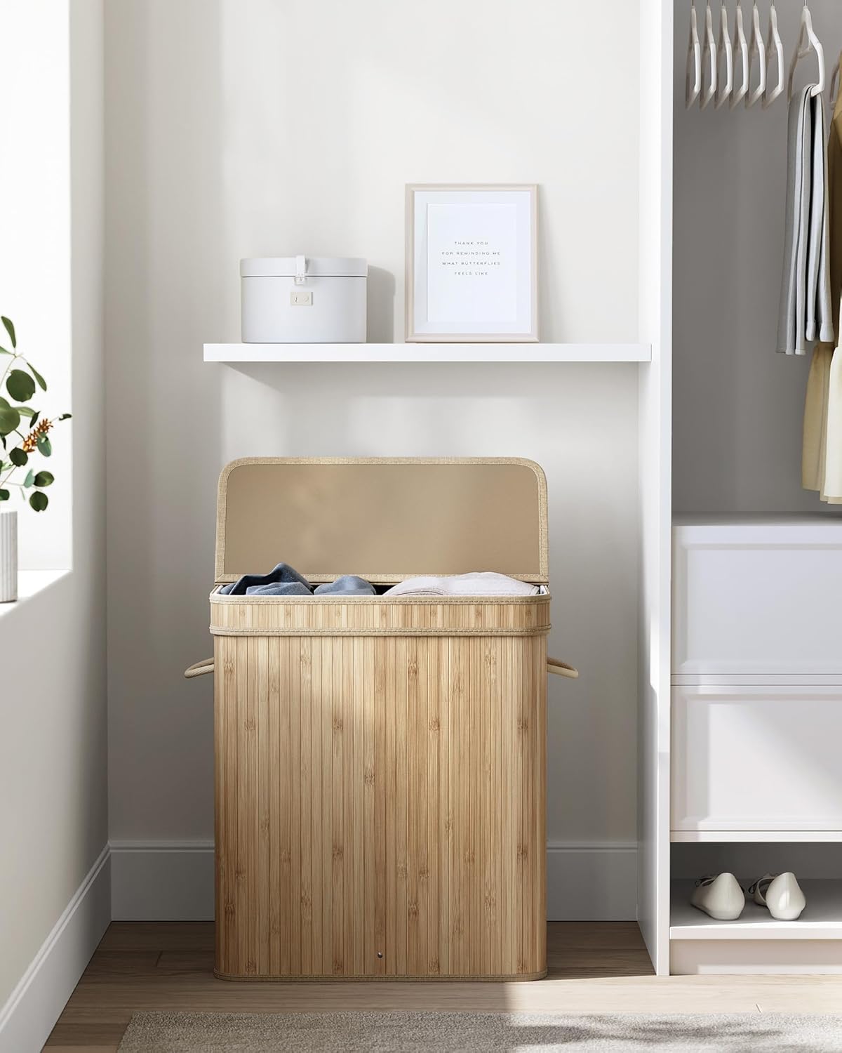 SONGMICS Cos de rufe din bambus cu capac 100L, sac textil detasabil, 55x35x61 cm, bej natur - imagine 3