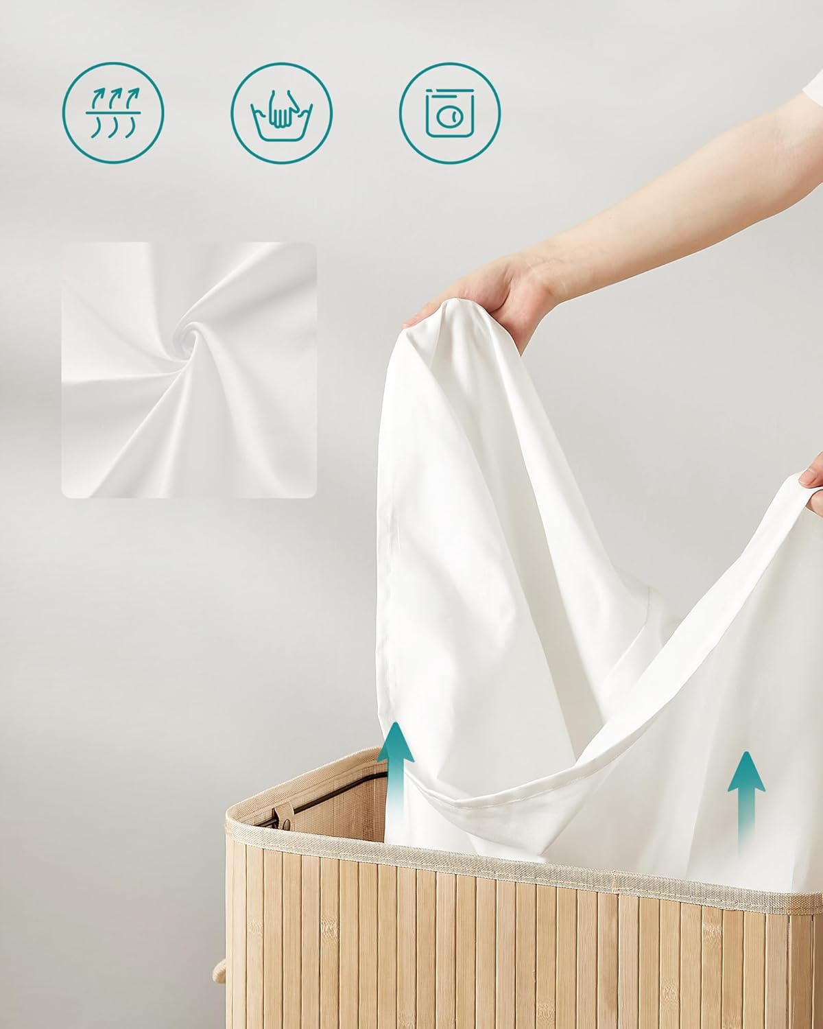 SONGMICS Cos de rufe din bambus cu capac 100L, sac textil detasabil, 55x35x61 cm, bej natur - imagine 4